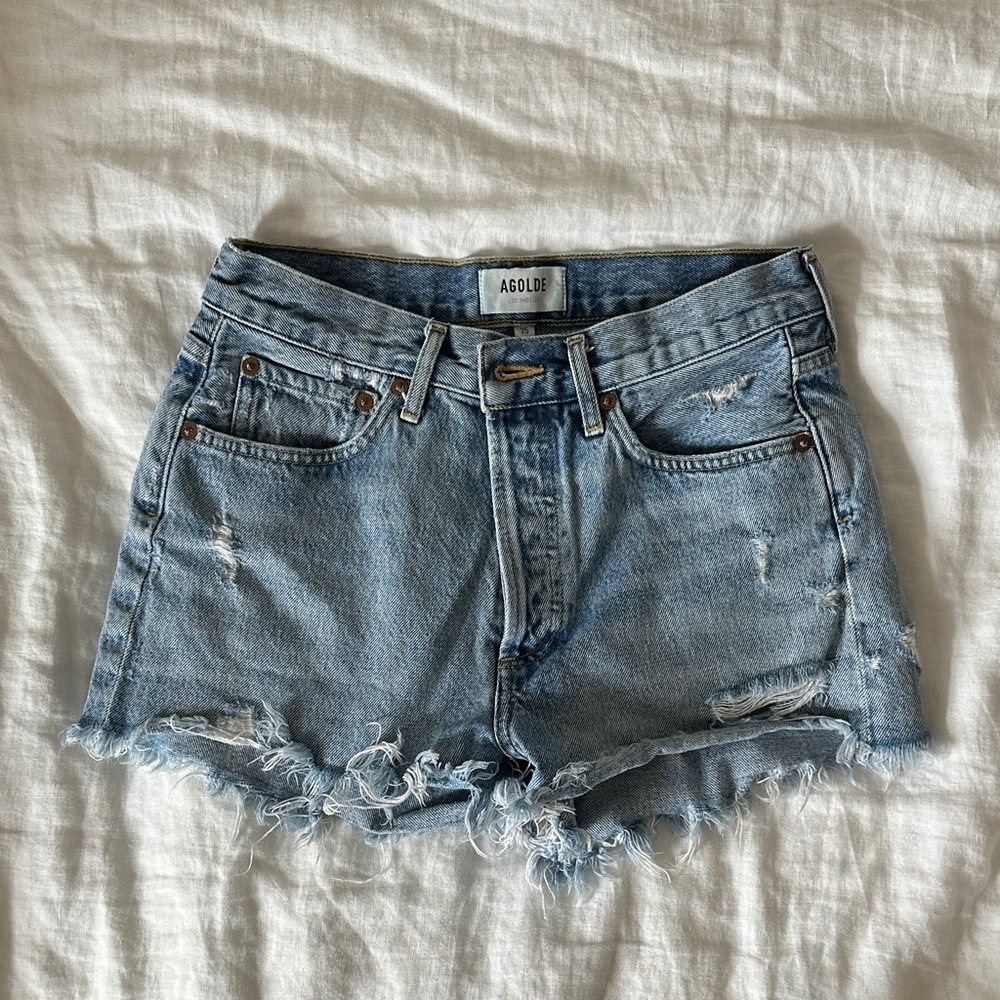 Agolde Light Blue Distressed Jean Shorts